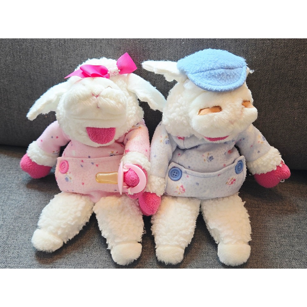 Vintage Shari Lewis 12" Baby Lamb Chop Plush Hand Puppets Pink Blue 1990